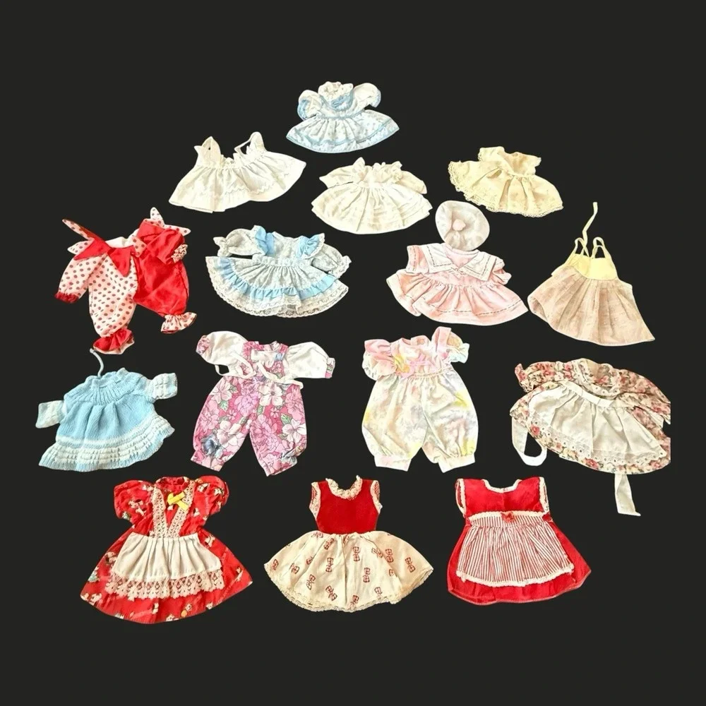 16 Piece Vintage Doll Clothes Lot Dresses Rompers 1980s